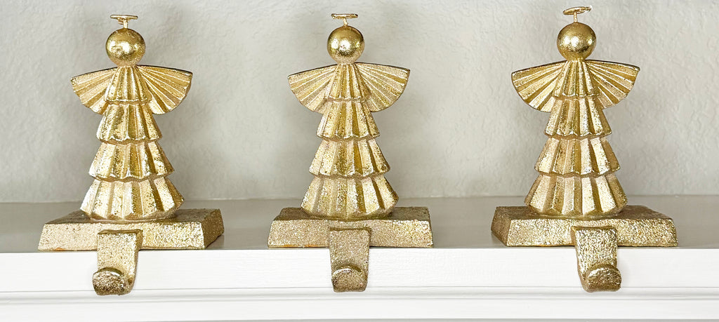 Decorative Angels Christmas Stocking Holders, 6.5 inches High, Gold Leaf Look Finish Cast Iron, Set of 3