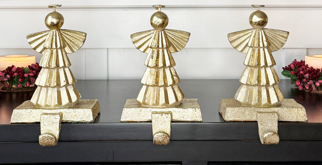 Decorative Angels Christmas Stocking Holders, 6.5 inches High, Gold Leaf Look Finish Cast Iron, Set of 3