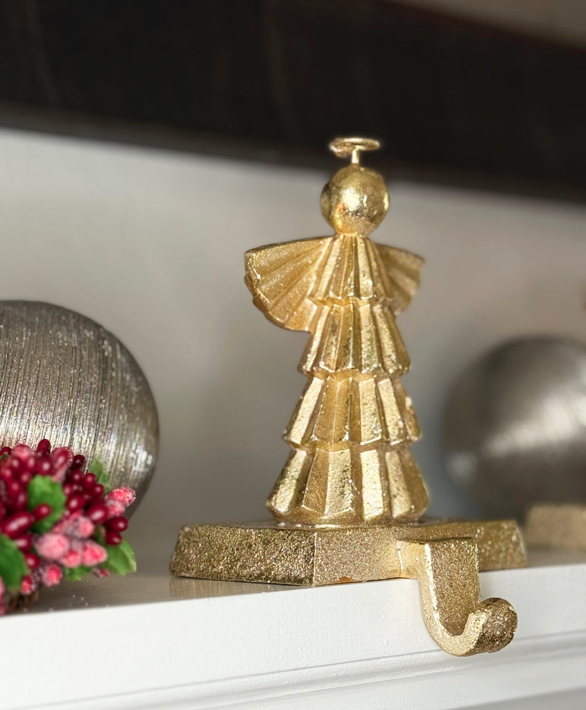 Decorative Angels Christmas Stocking Holders, 6.5 inches High, Gold Leaf Look Finish Cast Iron, Set of 3