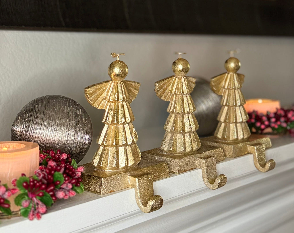 Decorative Angels Christmas Stocking Holders, 6.5 inches High, Gold Leaf Look Finish Cast Iron, Set of 3