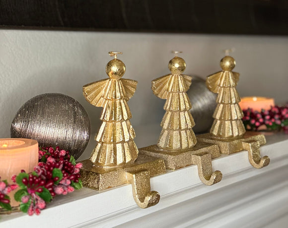 Decorative Angels Christmas Stocking Holders, 6.5 inches High, Gold Leaf Look Finish Cast Iron, Set of 3