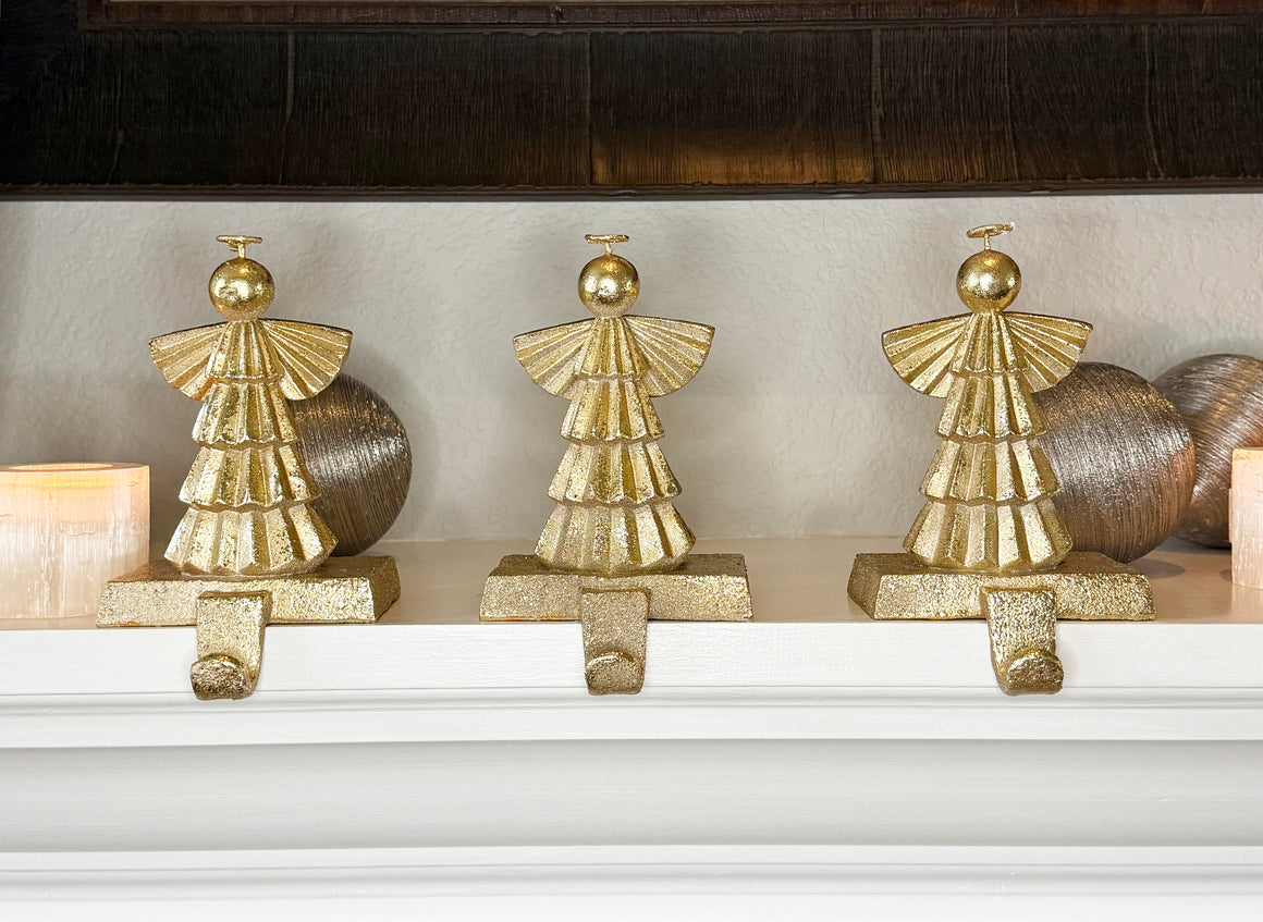 Decorative Angels Christmas Stocking Holders, 6.5 inches High, Gold Leaf Look Finish Cast Iron, Set of 3