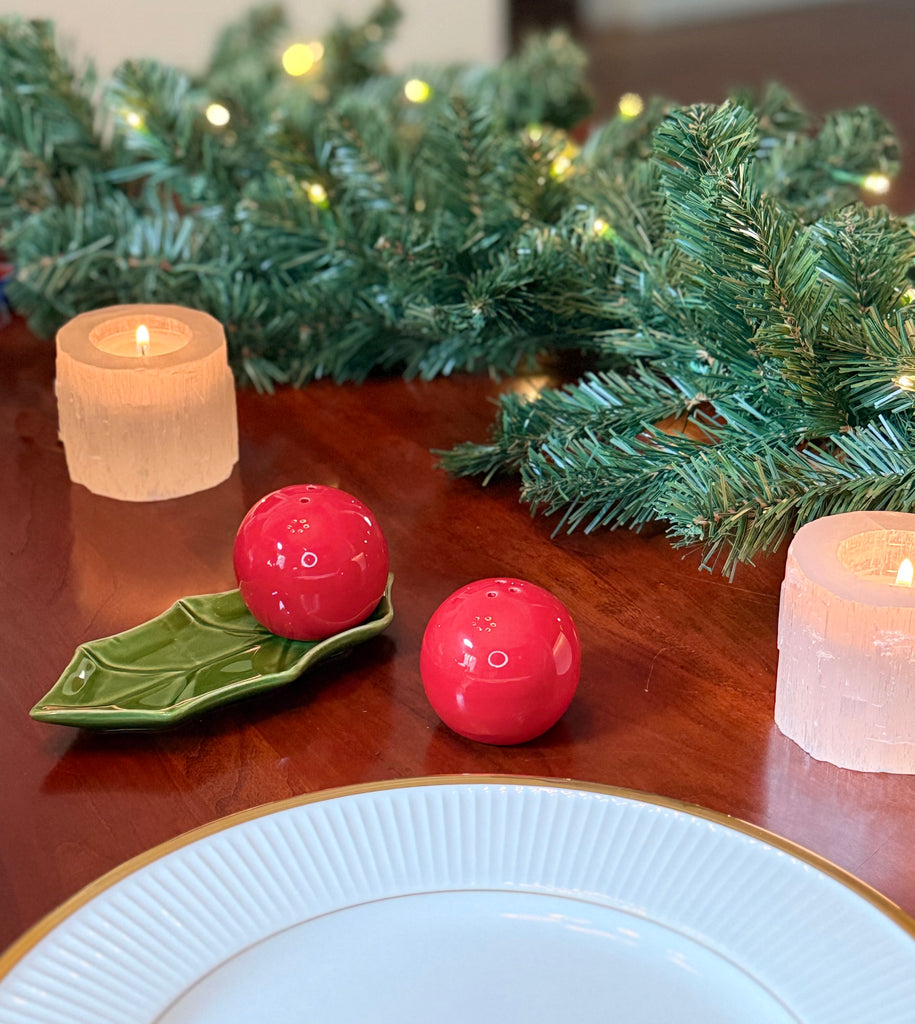 Christmas Holly Berry Salt and Pepper Shaker Set, Red Ceramic Berry Shakers, 5.5" x 2.5", with Green Leaf Tray