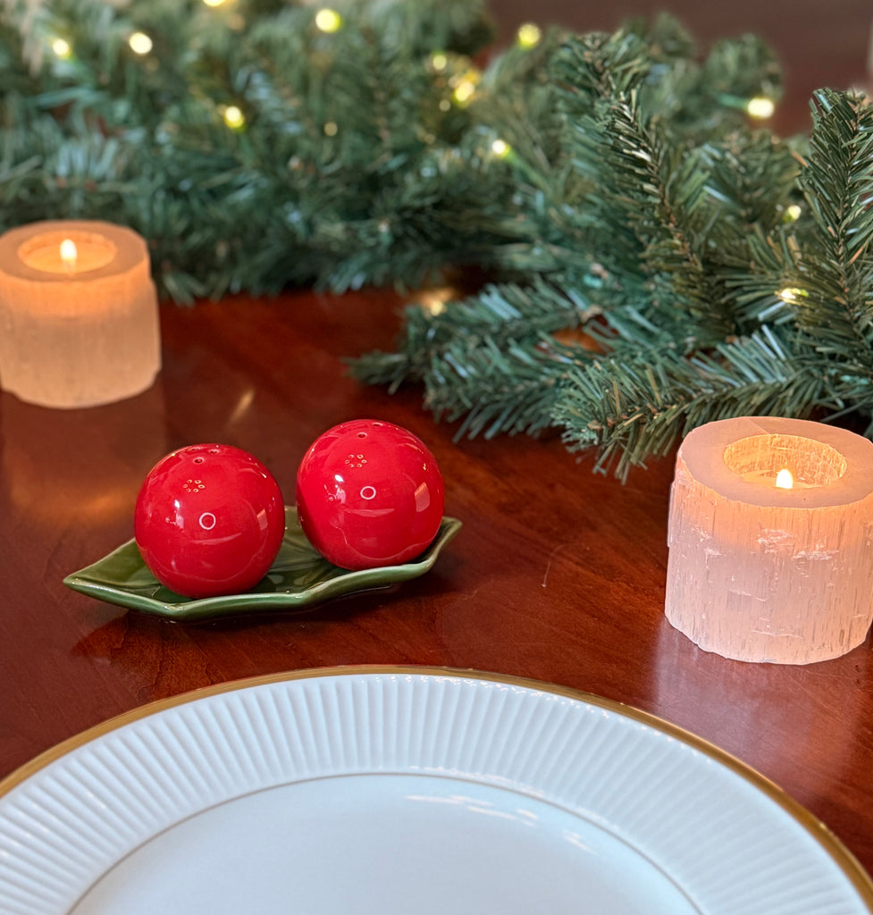 Christmas Holly Berry Salt and Pepper Shaker Set, Red Ceramic Berry Shakers, 5.5" x 2.5", with Green Leaf Tray