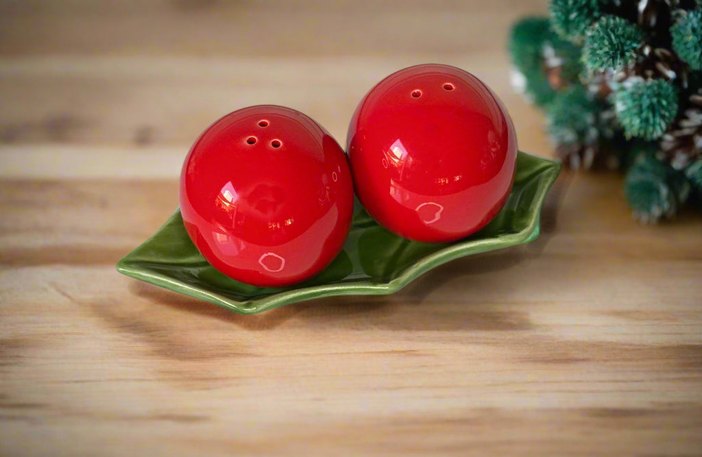 Christmas Holly Berry Salt and Pepper Shaker Set, Red Ceramic Berry Shakers, 5.5" x 2.5", with Green Leaf Tray
