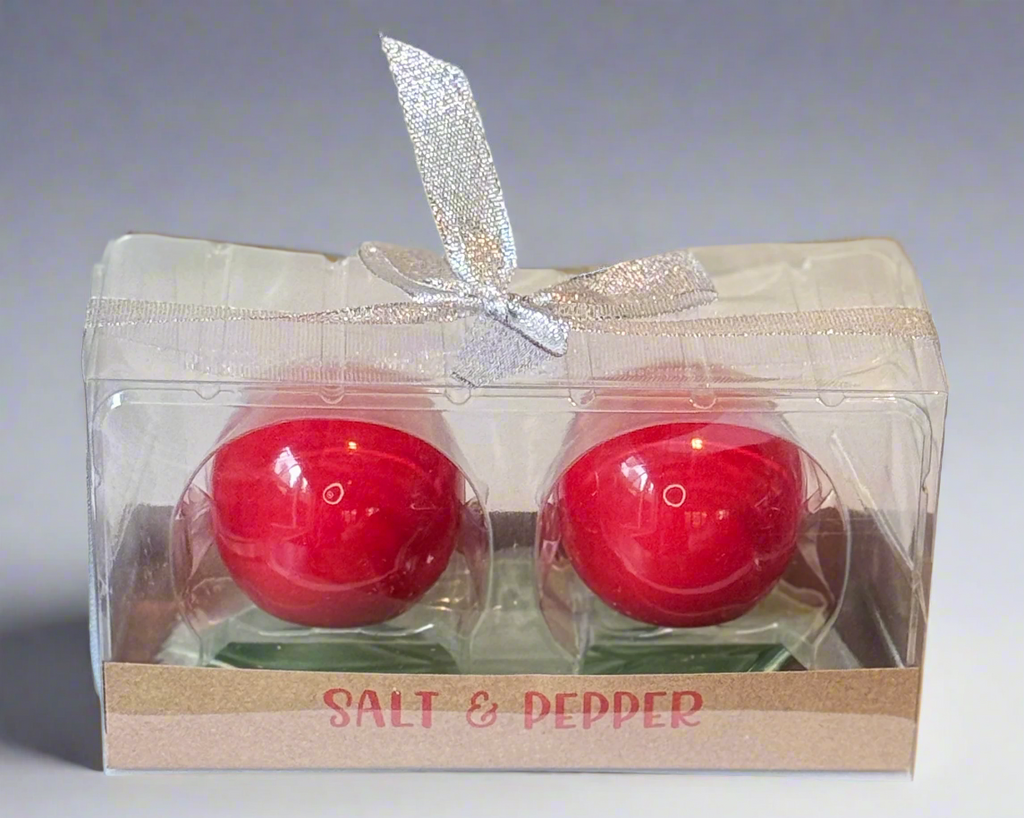 Christmas Holly Berry Salt and Pepper Shaker Set, Red Ceramic Berry Shakers, 5.5" x 2.5", with Green Leaf Tray