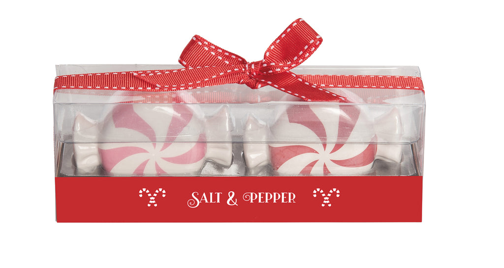 Peppermint Christmas Candy Salt and Pepper Shaker Set, 3" x 2" Gloss Ceramic, Christmas Holiday Decor with Gift Box