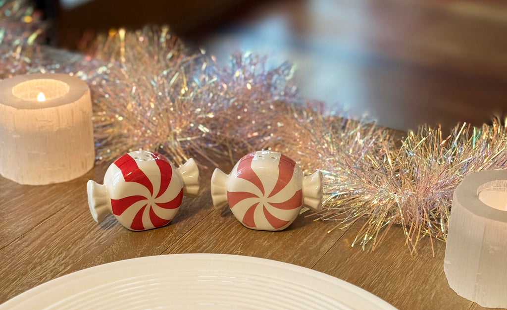 Peppermint Christmas Candy Salt and Pepper Shaker Set, 3" x 2" Gloss Ceramic, Christmas Holiday Decor with Gift Box
