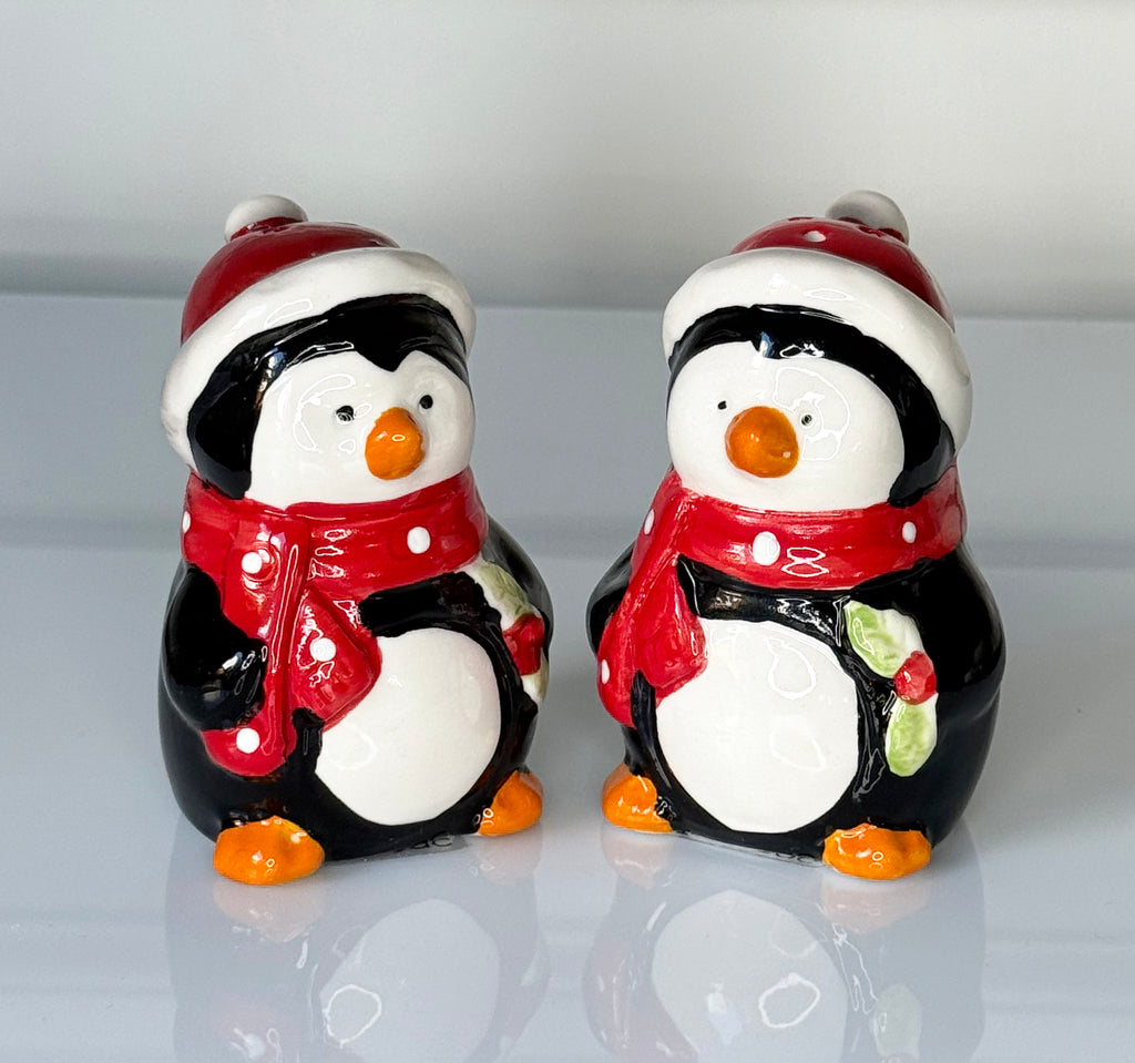 Holiday Penguin Salt and Pepper Shaker Set, Ceramic, 3.5 Inches, Black and White with Red Scarves and Santa Hats