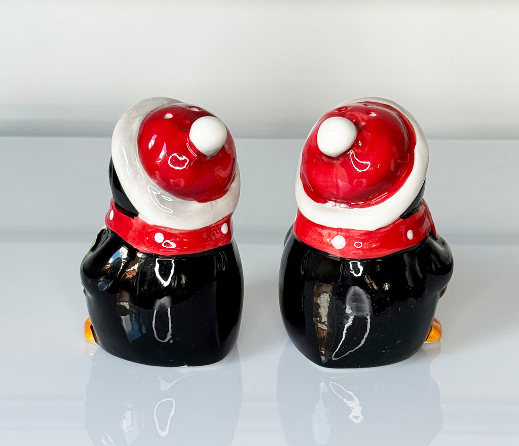 Holiday Penguin Salt and Pepper Shaker Set, Ceramic, 3.5 Inches, Black and White with Red Scarves and Santa Hats