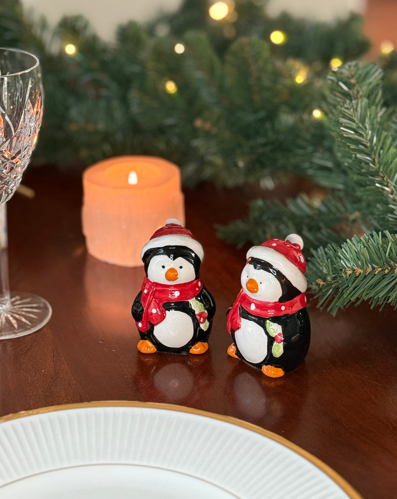 Holiday Penguin Salt and Pepper Shaker Set, Ceramic, 3.5 Inches, Black and White with Red Scarves and Santa Hats