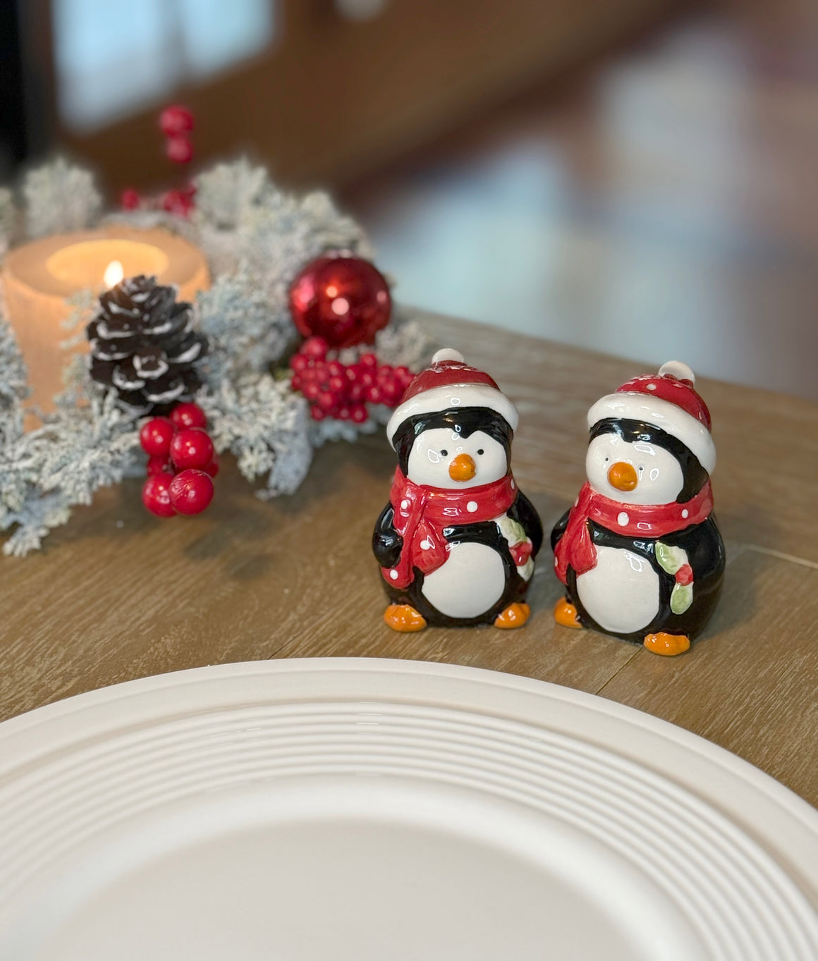 Holiday Penguin Salt and Pepper Shaker Set, Ceramic, 3.5 Inches, Black and White with Red Scarves and Santa Hats