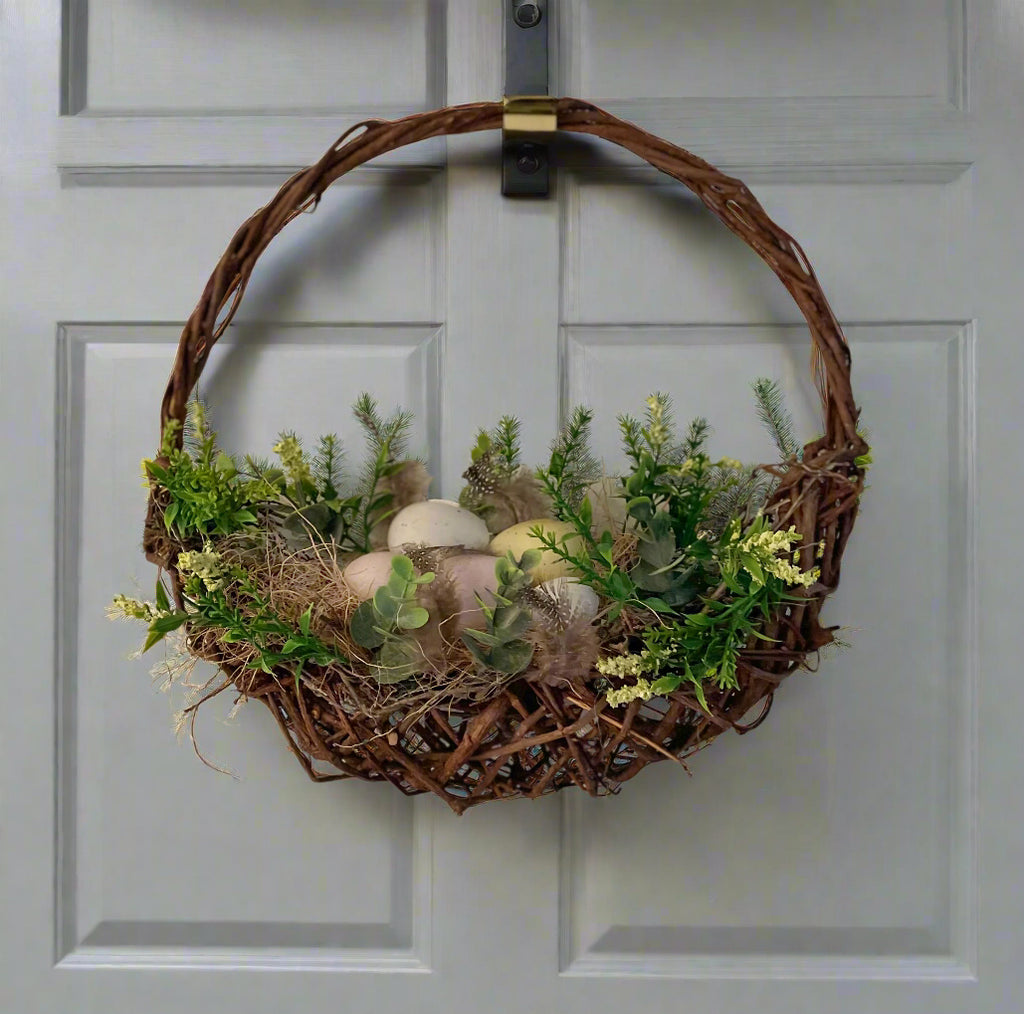 Easter Decorative Wreath with Faux Robin Eggs and Greenery, Natural Twisted Branch, 14 x 14 inches