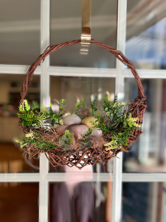 Easter Decorative Wreath with Faux Robin Eggs and Greenery, Natural Twisted Branch, 14 x 14 inches