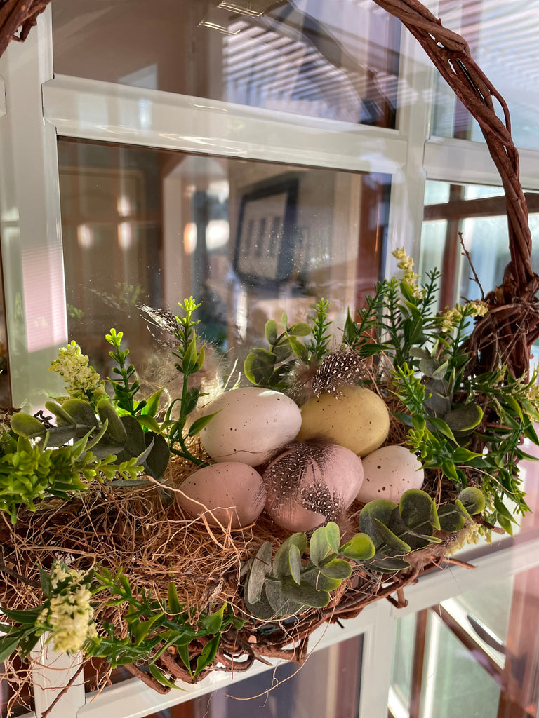 Easter Decorative Wreath with Faux Robin Eggs and Greenery, Natural Twisted Branch, 14 x 14 inches