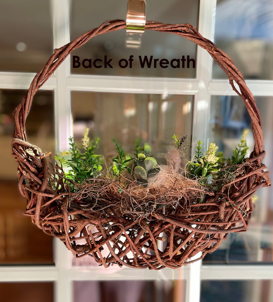 Easter Decorative Wreath with Faux Robin Eggs and Greenery, Natural Twisted Branch, 14 x 14 inches