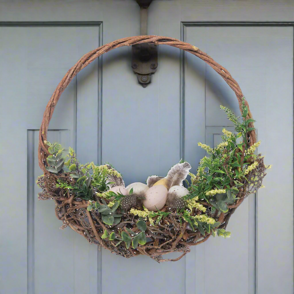 Easter Decorative Wreath with Faux Robin Eggs and Greenery, Natural Twisted Branch, 14 x 14 inches