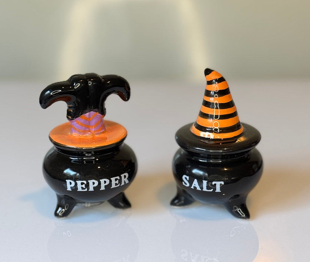 Halloween Cauldron Salt and Pepper Shaker Set, Ceramic, Black, 3 x 2 inches, Witch Hat and Feet Design