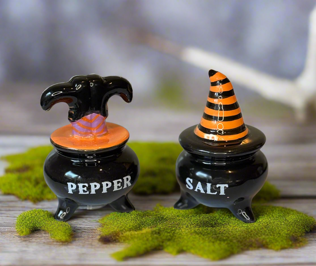 Halloween Cauldron Salt and Pepper Shaker Set, Ceramic, Black, 3 x 2 inches, Witch Hat and Feet Design
