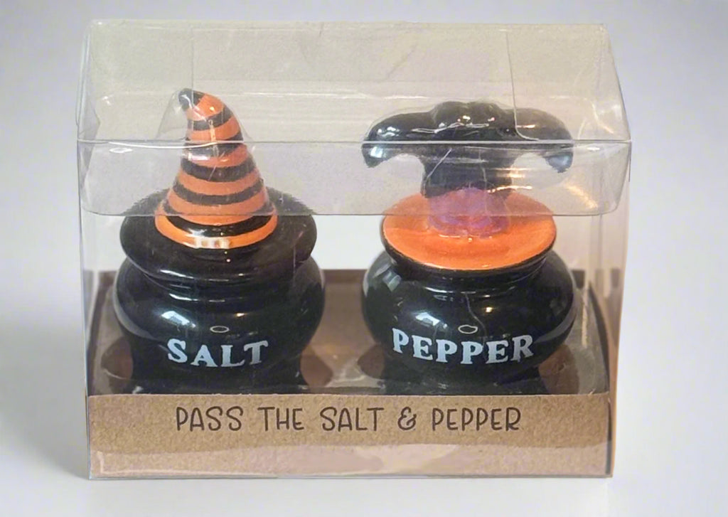 Halloween Cauldron Salt and Pepper Shaker Set, Ceramic, Black, 3 x 2 inches, Witch Hat and Feet Design