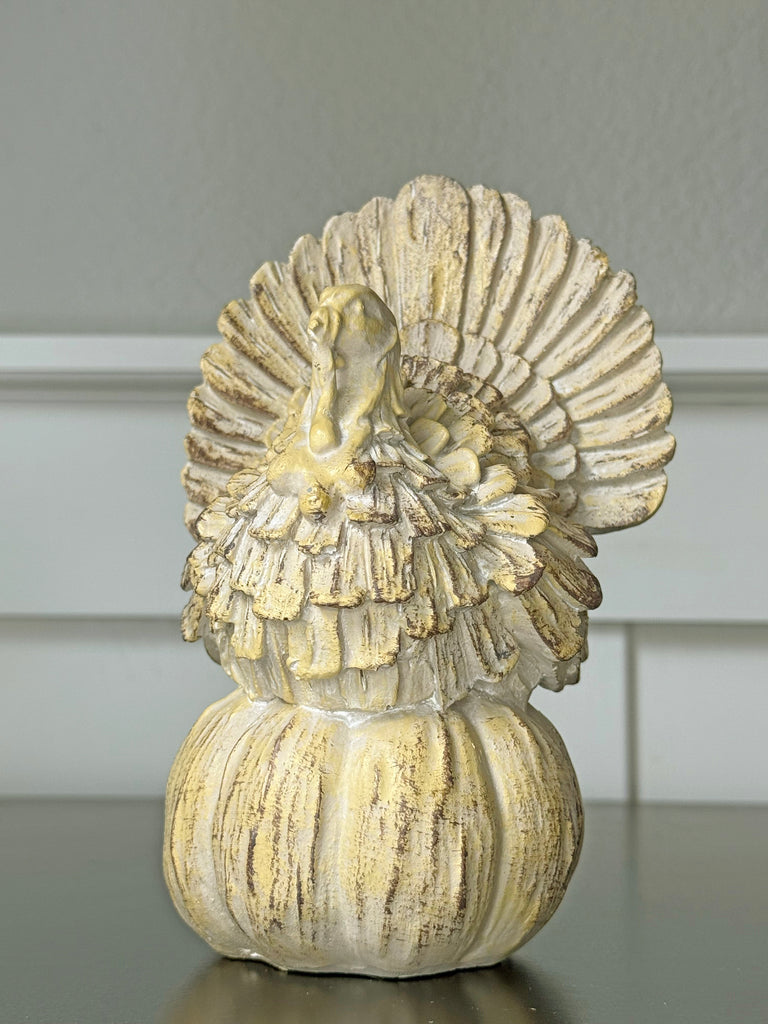 Decorative Turkey Figurine, Carved Wood Look Resin, 6.5 x 4.5 x 3.75 inches, Cream Off-White Antique Finish, Thanksgiving Home Decor