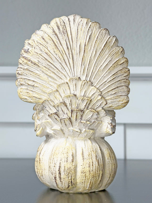 Decorative Turkey Figurine, Carved Wood Look Resin, 6.5 x 4.5 x 3.75 inches, Cream Off-White Antique Finish, Thanksgiving Home Decor