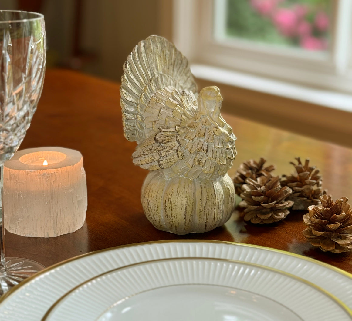 Decorative Turkey Figurine, Carved Wood Look Resin, 6.5 x 4.5 x 3.75 inches, Cream Off-White Antique Finish, Thanksgiving Home Decor