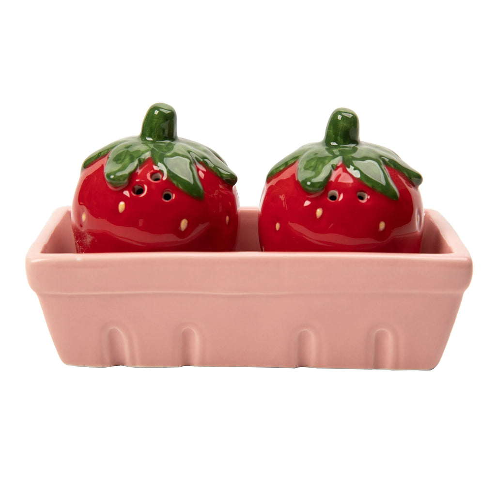 Strawberry Salt and Pepper Shaker Set with Pink Basket Tray, Ceramic Gloss Finish, 3 Piece Kitchen Decor, Red and Green