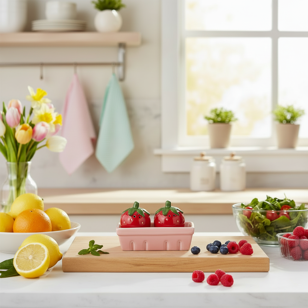 Strawberry Salt and Pepper Shaker Set with Pink Basket Tray, Ceramic Gloss Finish, 3 Piece Kitchen Decor, Red and Green