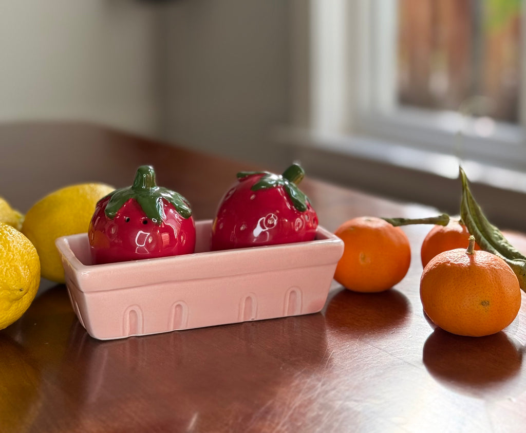 Strawberry Salt and Pepper Shaker Set with Pink Basket Tray, Ceramic Gloss Finish, 3 Piece Kitchen Decor, Red and Green
