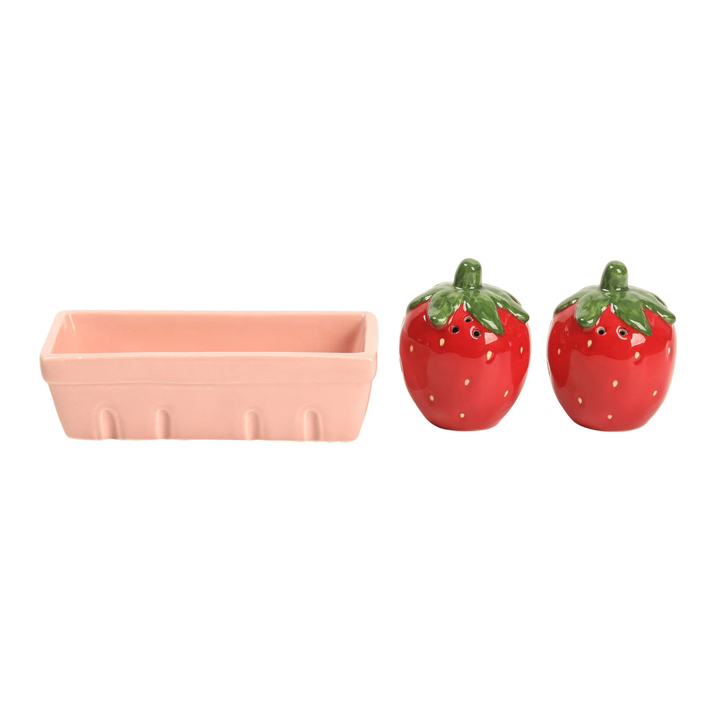 Strawberry Salt and Pepper Shaker Set with Pink Basket Tray, Ceramic Gloss Finish, 3 Piece Kitchen Decor, Red and Green