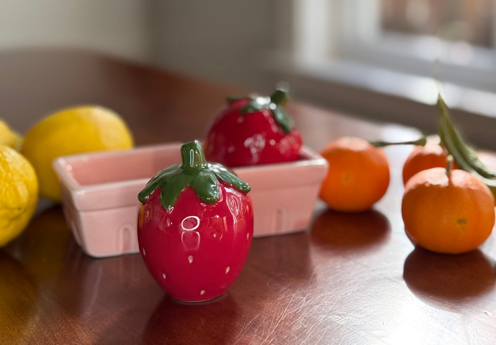 Strawberry Salt and Pepper Shaker Set with Pink Basket Tray, Ceramic Gloss Finish, 3 Piece Kitchen Decor, Red and Green