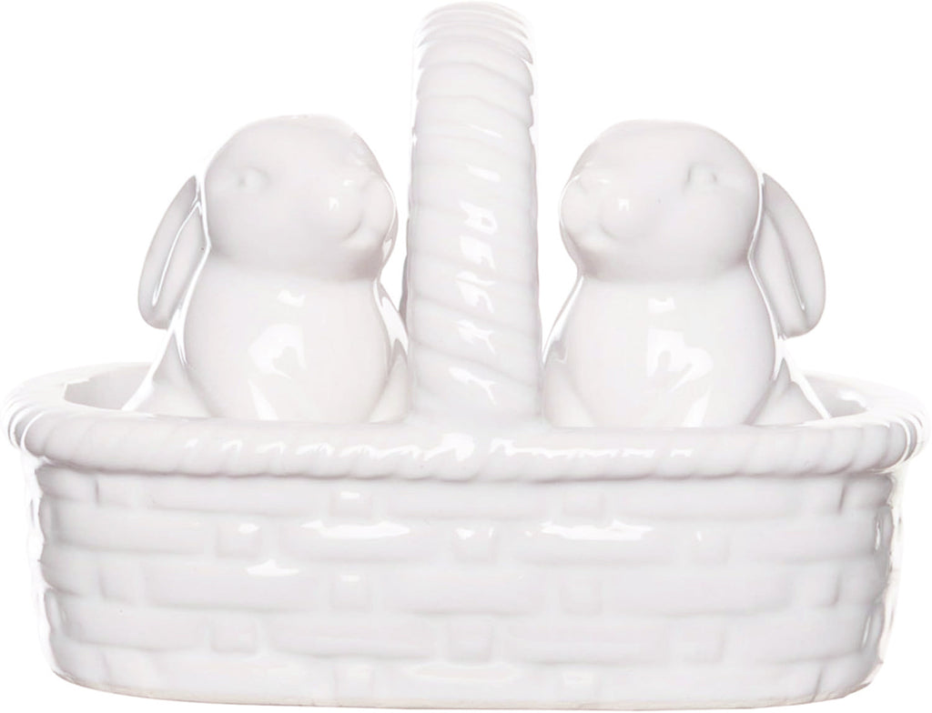 Easter Bunnies in a Basket Salt and Pepper Shaker Set, White Ceramic, 3 Piece, Basket Weave Design, 4.25 x 2.75 x 3 Inches