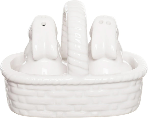 Easter Bunnies in a Basket Salt and Pepper Shaker Set, White Ceramic, 3 Piece, Basket Weave Design, 4.25 x 2.75 x 3 Inches