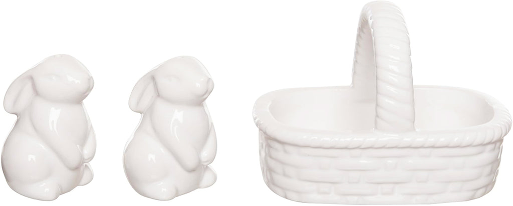Easter Bunnies in a Basket Salt and Pepper Shaker Set, White Ceramic, 3 Piece, Basket Weave Design, 4.25 x 2.75 x 3 Inches