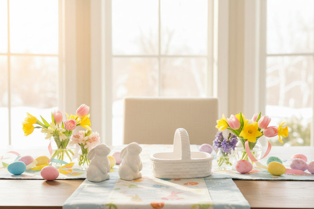 Easter Bunnies in a Basket Salt and Pepper Shaker Set, White Ceramic, 3 Piece, Basket Weave Design, 4.25 x 2.75 x 3 Inches