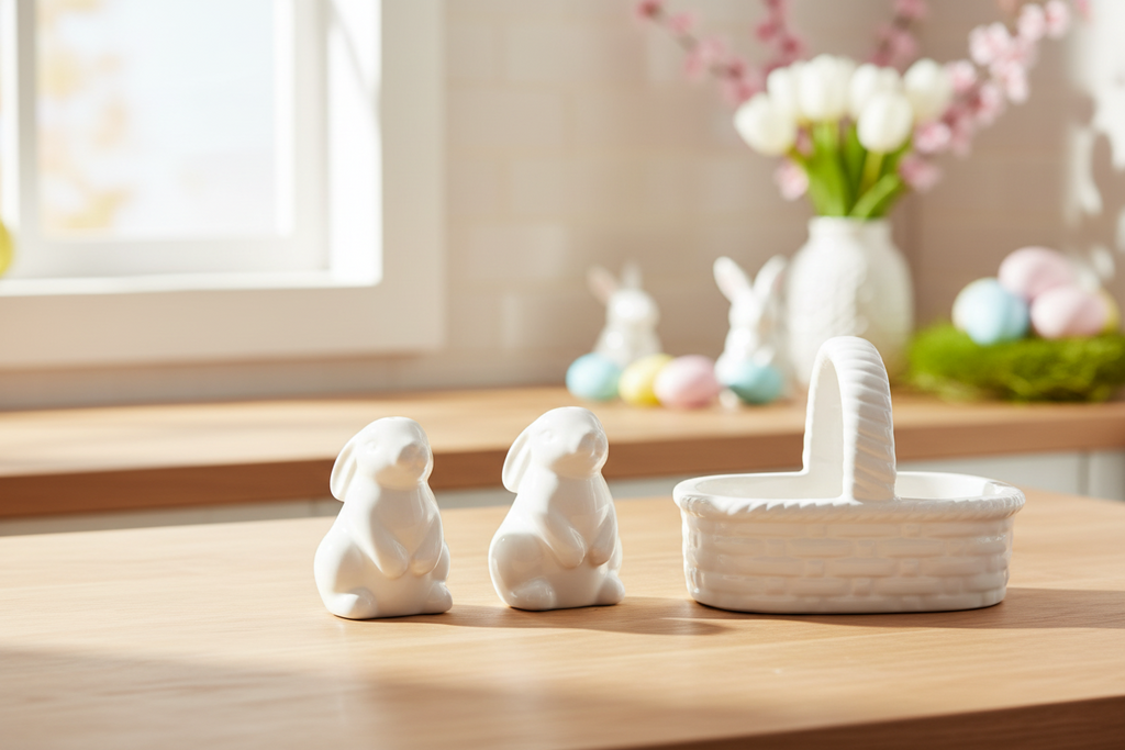 Easter Bunnies in a Basket Salt and Pepper Shaker Set, White Ceramic, 3 Piece, Basket Weave Design, 4.25 x 2.75 x 3 Inches