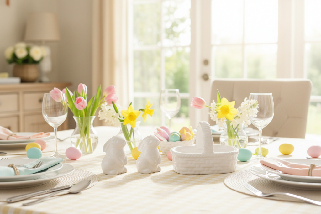 Easter Bunnies in a Basket Salt and Pepper Shaker Set, White Ceramic, 3 Piece, Basket Weave Design, 4.25 x 2.75 x 3 Inches
