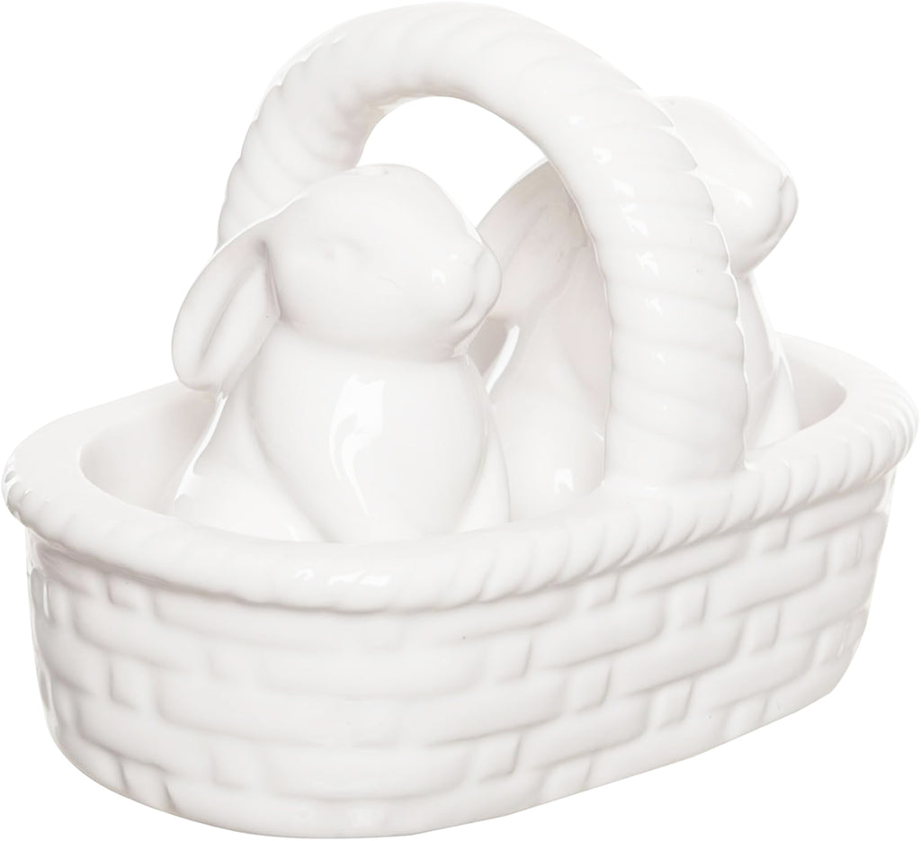 Easter Bunnies in a Basket Salt and Pepper Shaker Set, White Ceramic, 3 Piece, Basket Weave Design, 4.25 x 2.75 x 3 Inches