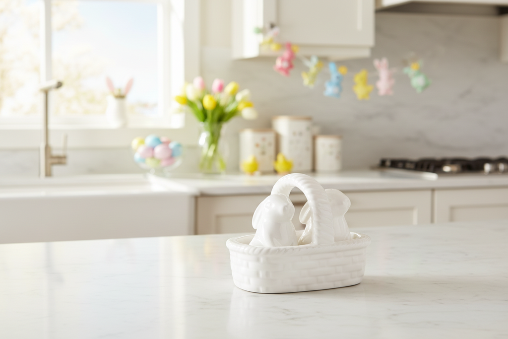 Easter Bunnies in a Basket Salt and Pepper Shaker Set, White Ceramic, 3 Piece, Basket Weave Design, 4.25 x 2.75 x 3 Inches