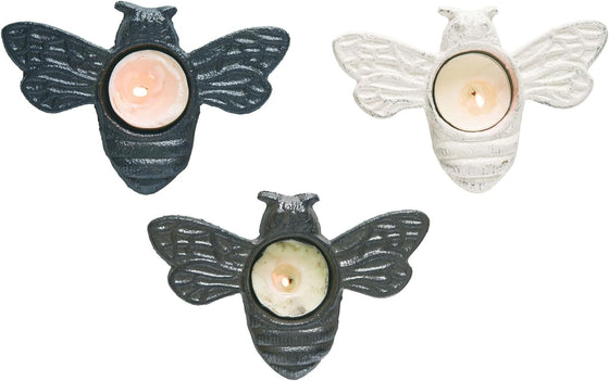 Bumblebee Tea Light and Votive Candle Holders, Set of 3 in Solid Cast Iron - Antiqued White, Black and Brown Bronze, 5.25 Inches x 3.5 Inches