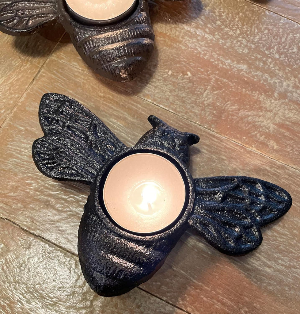 Bumblebee Tea Light and Votive Candle Holders, Set of 3 in Solid Cast Iron - Antiqued White, Black and Brown Bronze, 5.25 Inches x 3.5 Inches