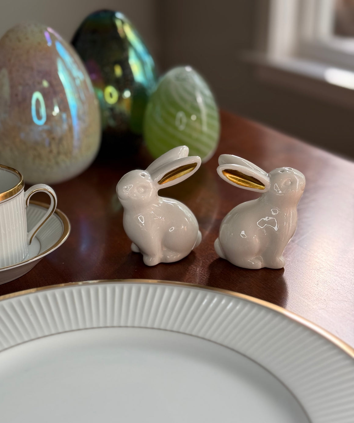 White Ceramic Easter Bunny Salt and Pepper Shaker Set with Gold Metallic Ears, 3" High, 2 Piece with Gift Box