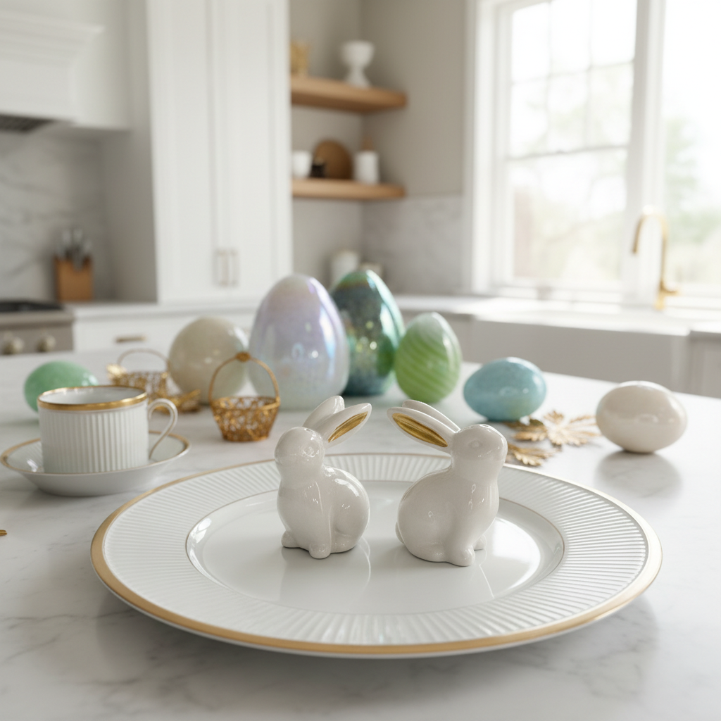 White Ceramic Easter Bunny Salt and Pepper Shaker Set with Gold Metallic Ears, 3" High, 2 Piece with Gift Box