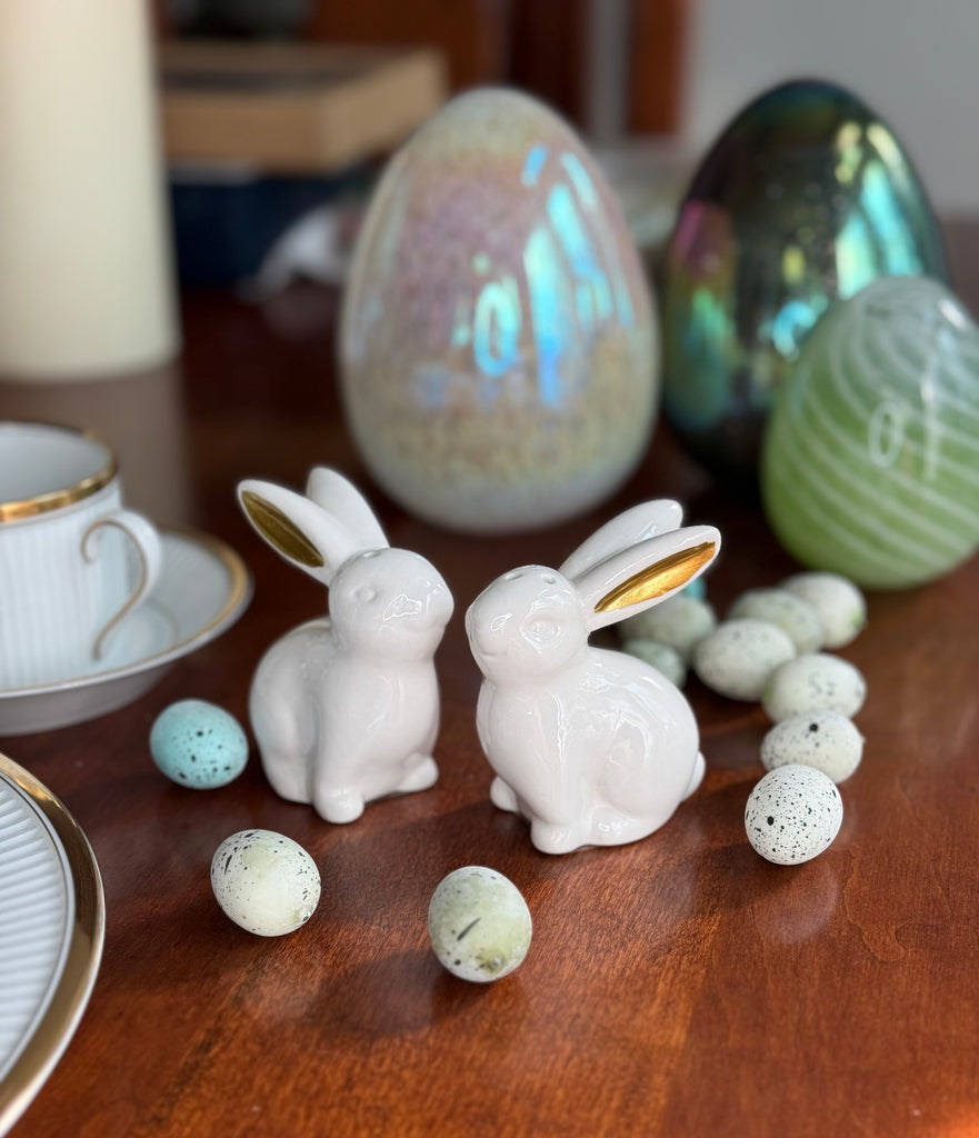 White Ceramic Easter Bunny Salt and Pepper Shaker Set with Gold Metallic Ears, 3" High, 2 Piece with Gift Box