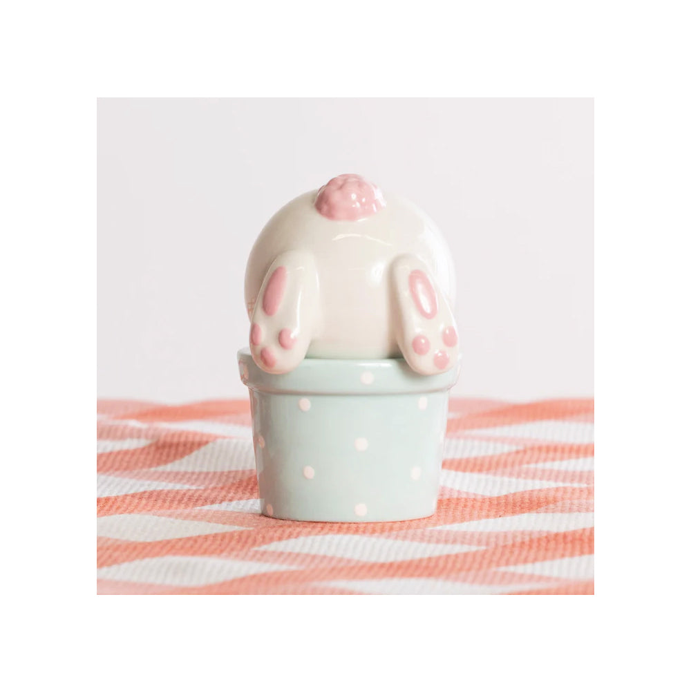 Spring Garden Bunny Rabbit Salt and Pepper Shaker Set, Ceramic, White Pink and Pastel Blue, Polka Dot Design, 4 Inch High, 2 Piece Set, Easter Bunny Decoration