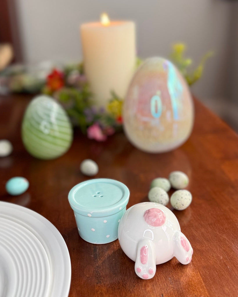 Spring Garden Bunny Rabbit Salt and Pepper Shaker Set, Ceramic, White Pink and Pastel Blue, Polka Dot Design, 4 Inch High, 2 Piece Set, Easter Bunny Decoration