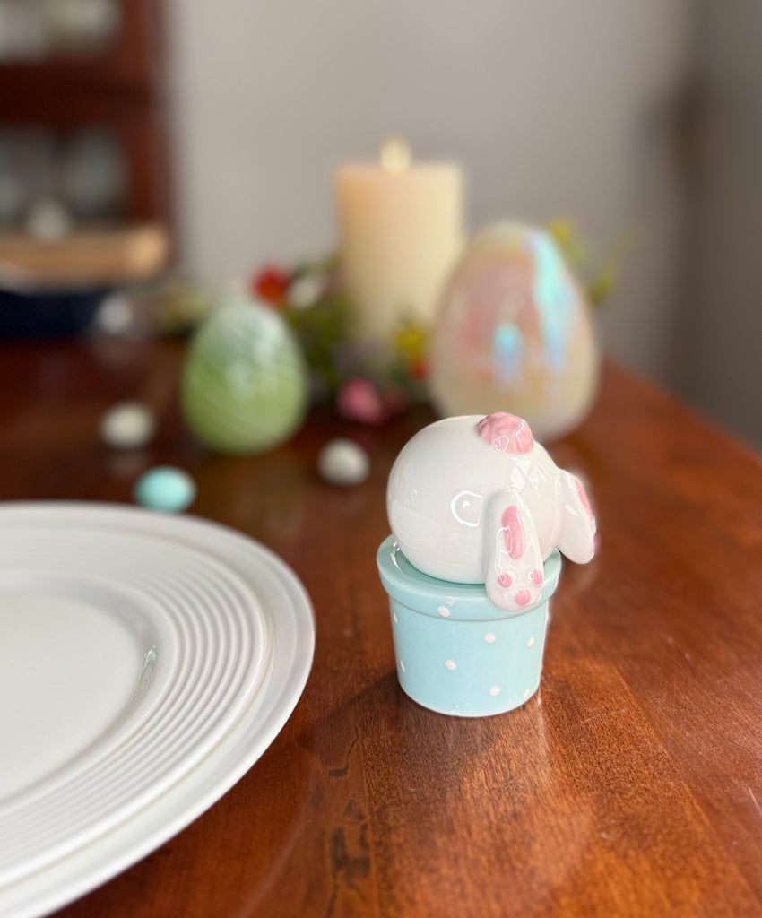 Spring Garden Bunny Rabbit Salt and Pepper Shaker Set, Ceramic, White Pink and Pastel Blue, Polka Dot Design, 4 Inch High, 2 Piece Set, Easter Bunny Decoration