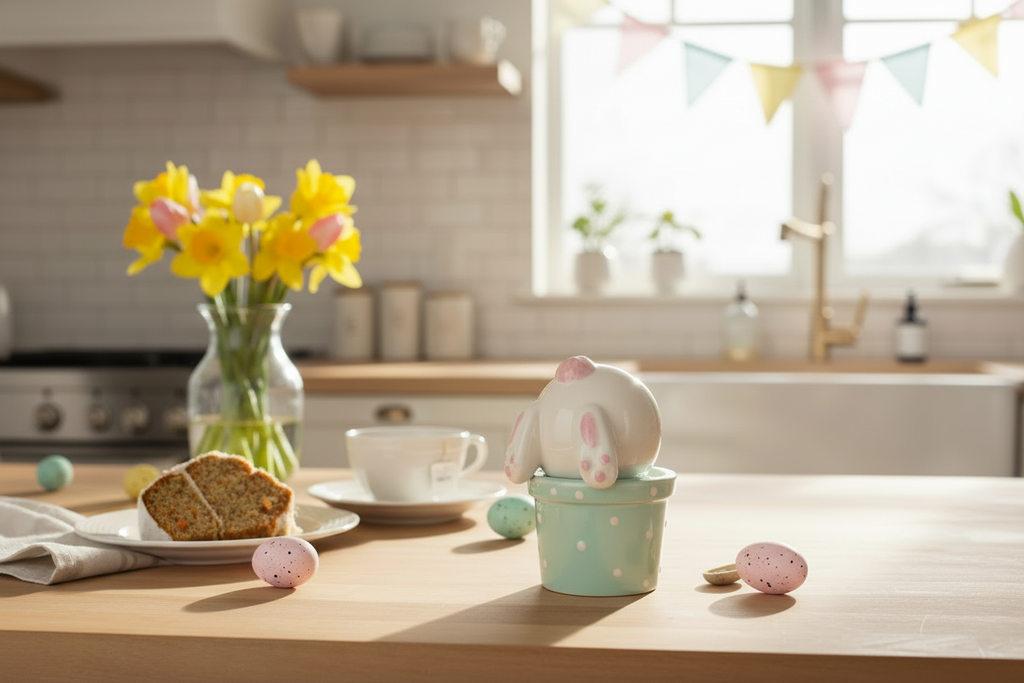 Spring Garden Bunny Rabbit Salt and Pepper Shaker Set, Ceramic, White Pink and Pastel Blue, Polka Dot Design, 4 Inch High, 2 Piece Set, Easter Bunny Decoration