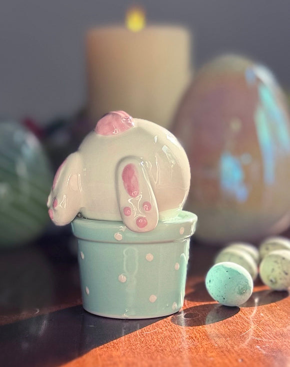 Spring Garden Bunny Rabbit Salt and Pepper Shaker Set, Ceramic, White Pink and Pastel Blue, Polka Dot Design, 4 Inch High, 2 Piece Set, Easter Bunny Decoration
